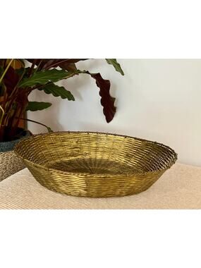 Vintage Brass Woven Basket, Oval Bread Basket, Gold Metal Basket